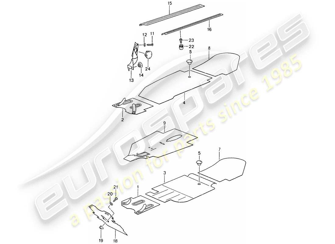 porsche 1995 (993) moldeados - espacio para los pies - alfombras desmontables diagrama de piezas