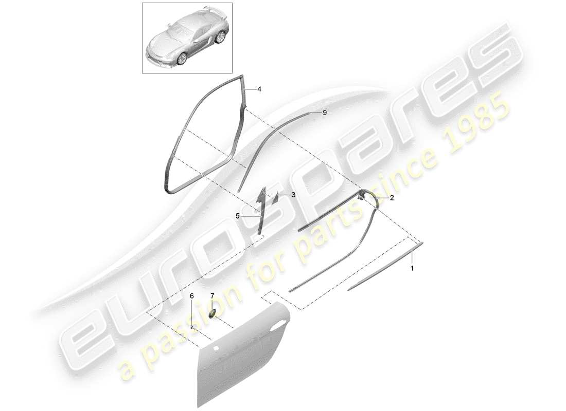 porsche 2016 (981 cayman gt4) diagrama de piezas del sello de puerta