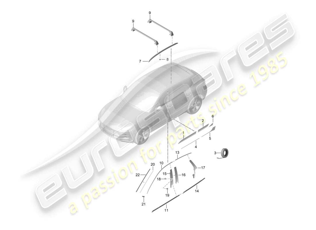 porsche 2015 (macan) diagrama de piezas del riel del techo de las puertas embellecedoras