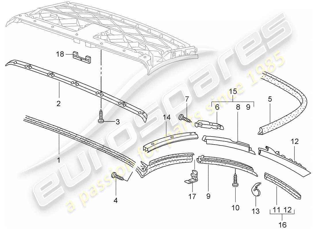 porsche 997 (2005) diagrama de piezas de capota convertible