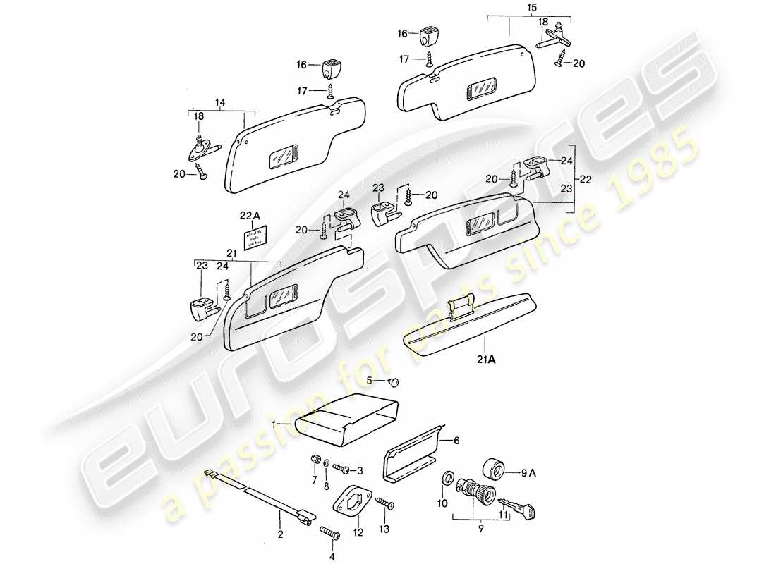 porsche 1989 (911) guantera - visores solares diagrama de piezas