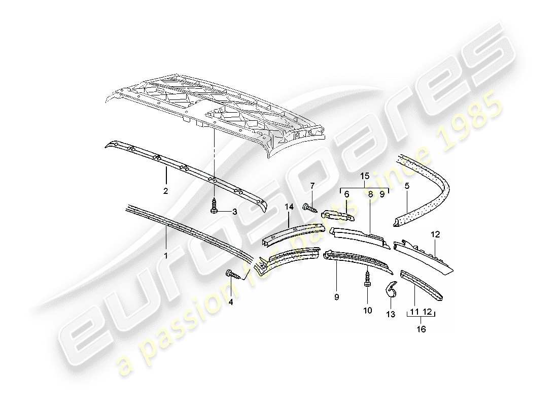 porsche 2005 (996 turbo / gt2) top convertible - tira de sello diagrama de piezas