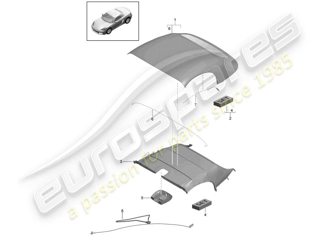 porsche 2019 (718 boxster) cubierta superior convertible diagrama de piezas