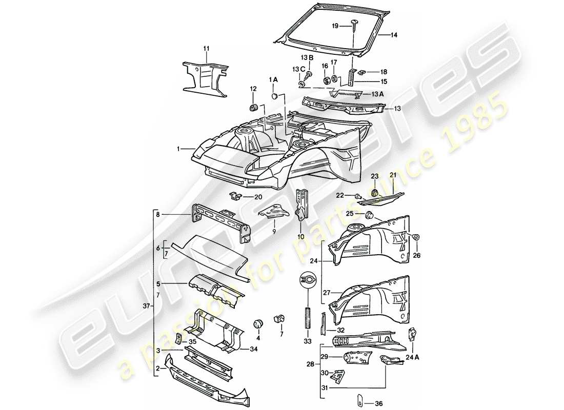porsche 1982 (944) sección frontal del cuerpo diagrama de piezas
