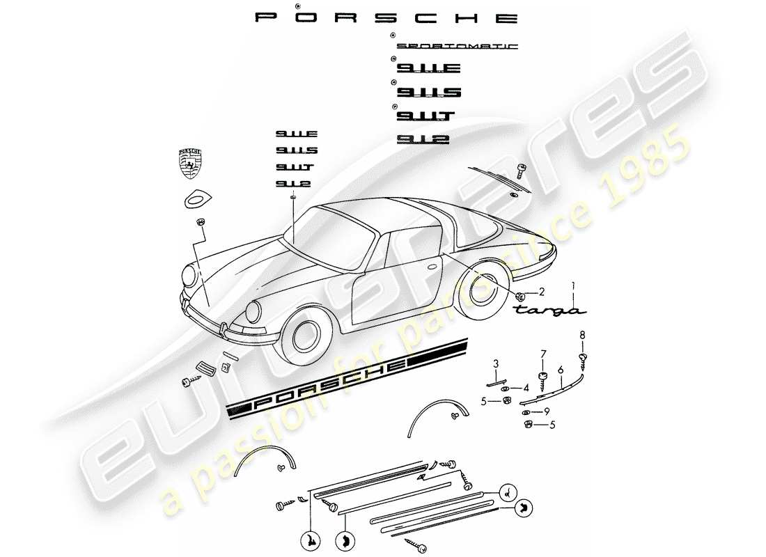 porsche 1968 (911/912) accesorios decorativos diagrama de piezas