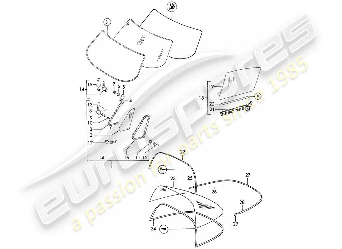 porsche 1968 (911/912) acristalamiento de ventanas diagrama de piezas