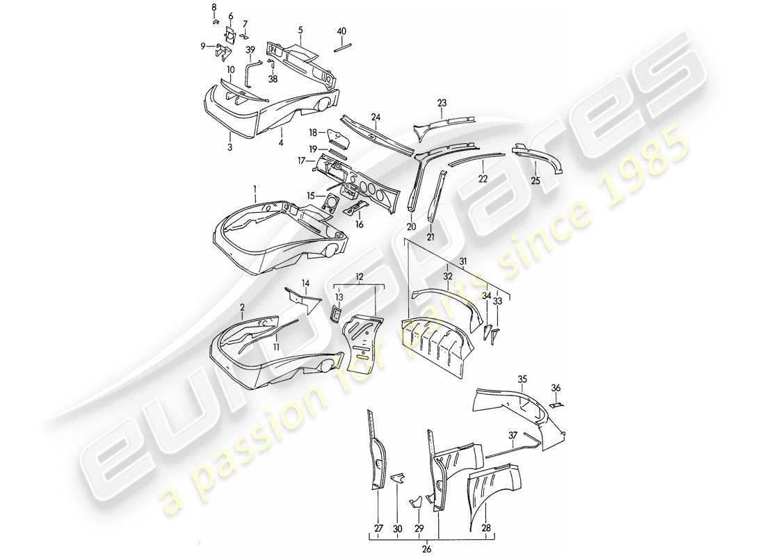porsche 1964 (356b/356c) paneles interiores diagrama de piezas