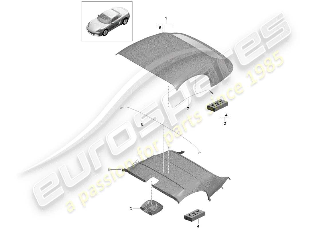 porsche 2018 (718 boxster) cubierta superior convertible diagrama de piezas