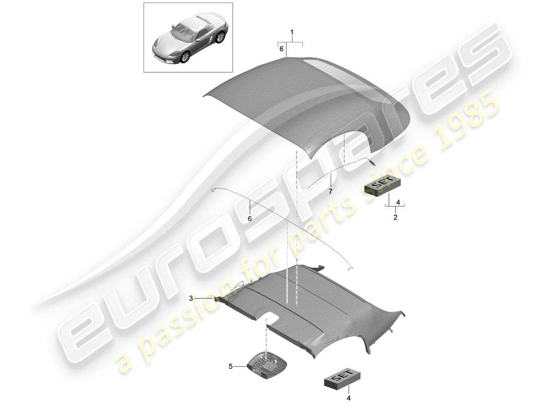 porsche 718 boxster (2018) cubierta superior convertible diagrama de piezas