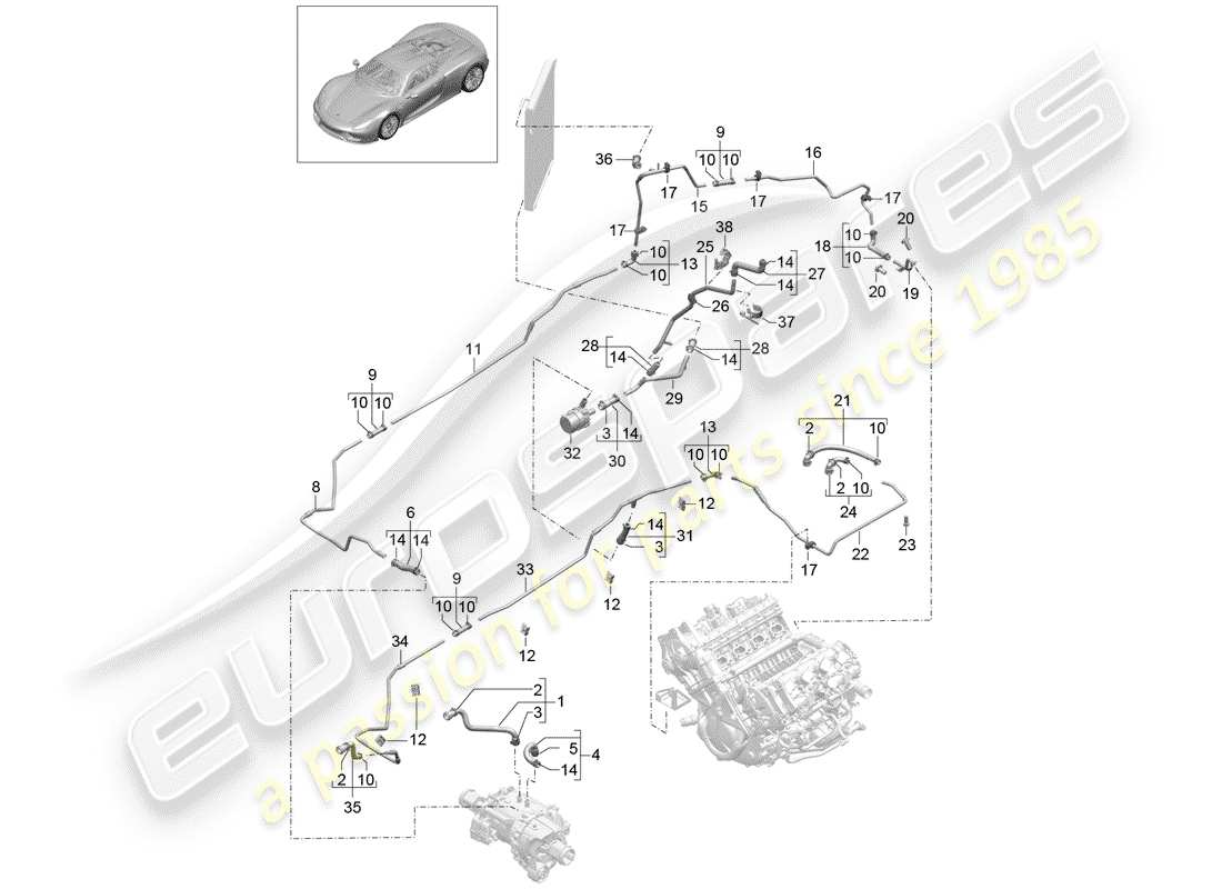porsche 2015 (918 spyder) diagrama de piezas de refrigeración por agua