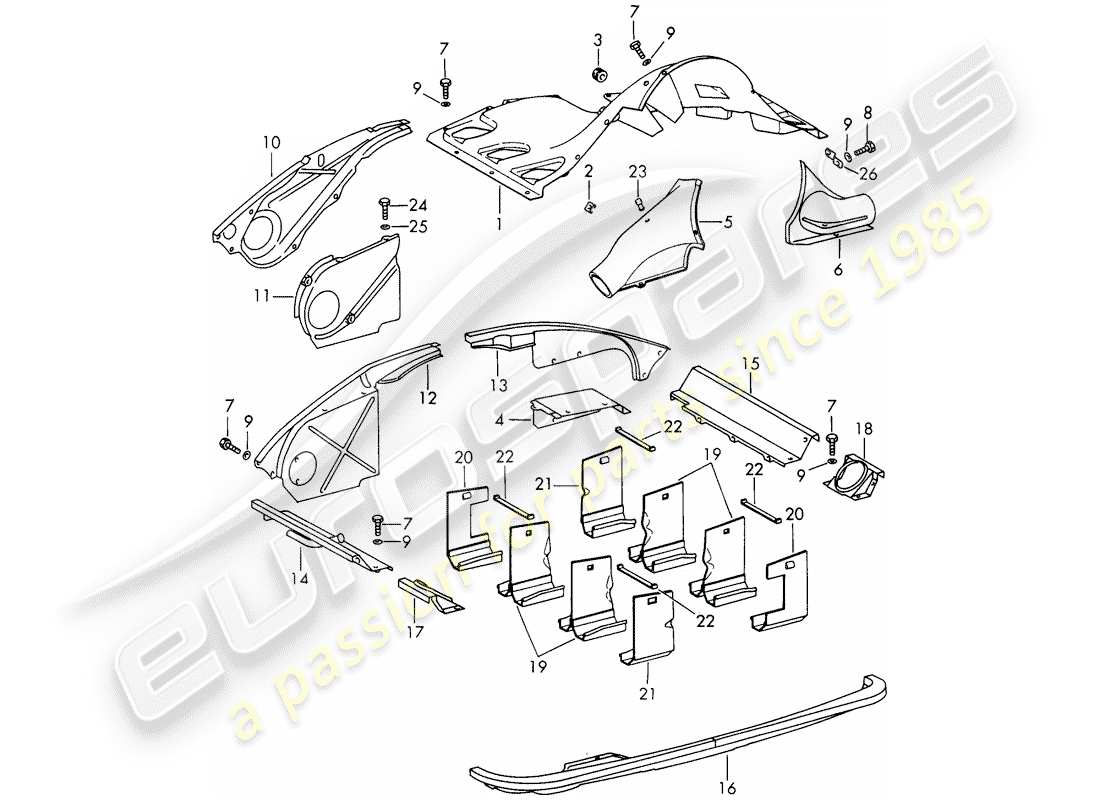 porsche 1966 (911/912) conducto de aire y cubierta del motor diagrama de piezas