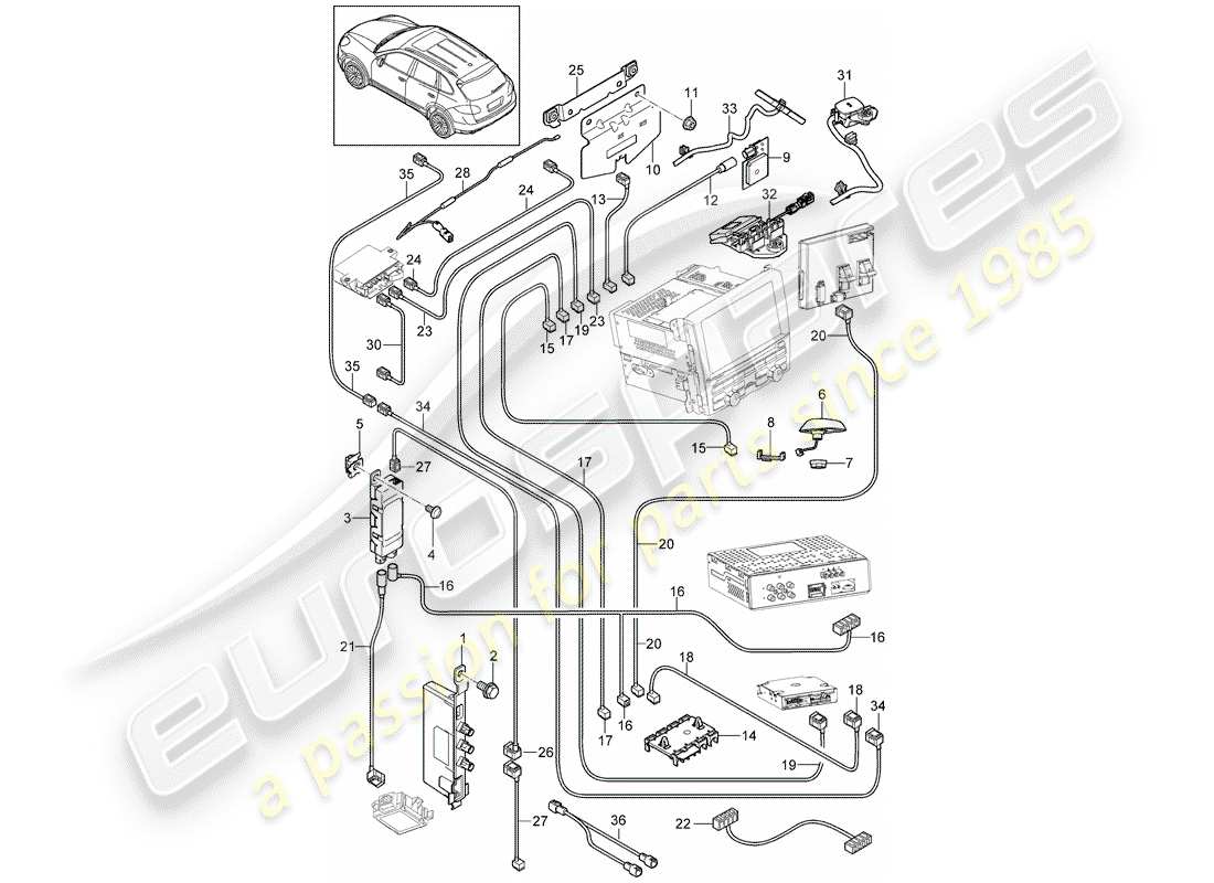 porsche 2011 (cayenne e2 92a) diagrama de piezas del amplificador de antena
