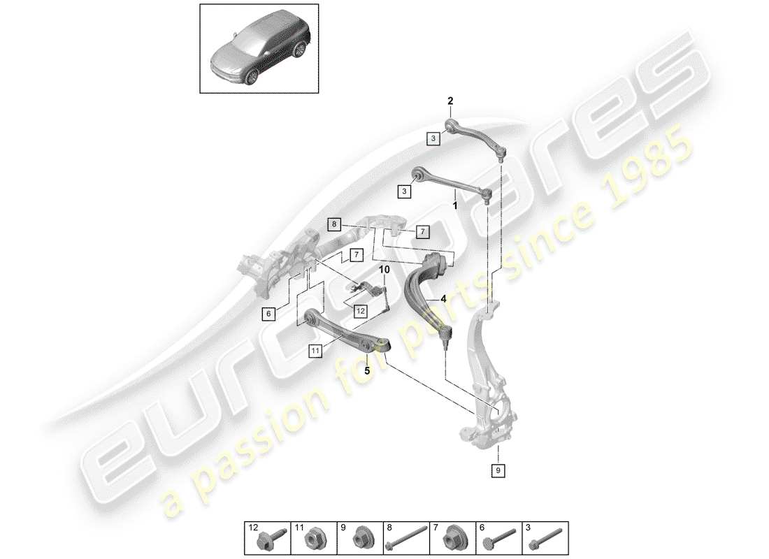 porsche 2019 (cayenne e3 9ya/9yb) brazo de control de oruga diagrama de piezas