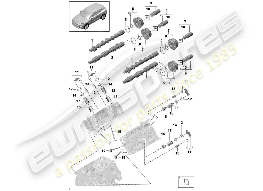 porsche 2019 (macan) árbol de levas, válvulas diagrama de piezas
