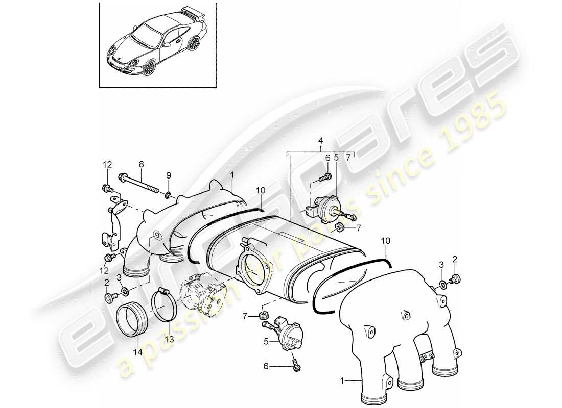 porsche 2008 (997-1 gt3) distribuidor de aire de admisión diagrama de piezas