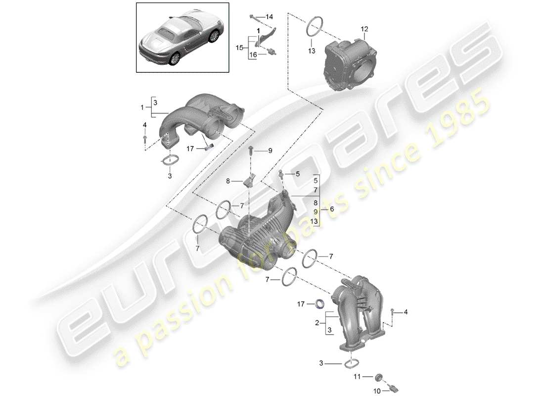 porsche 2018 (718 boxster) diagrama de piezas del distribuidor de aire de admisión