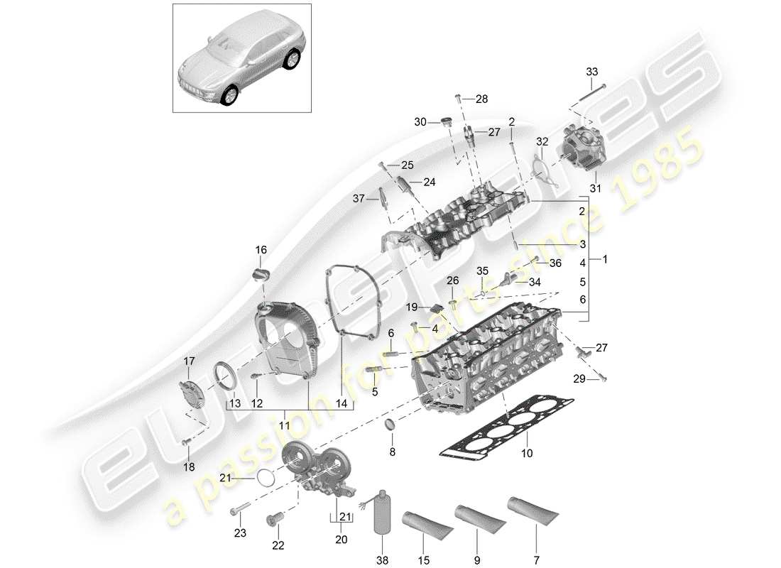 porsche 2016 (macan) cabeza de cilindro diagrama de piezas