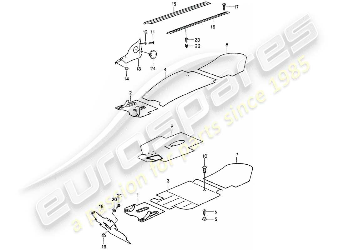 porsche 1990 (964) moldeados - espacio para los pies - alfombras desmontables diagrama de piezas