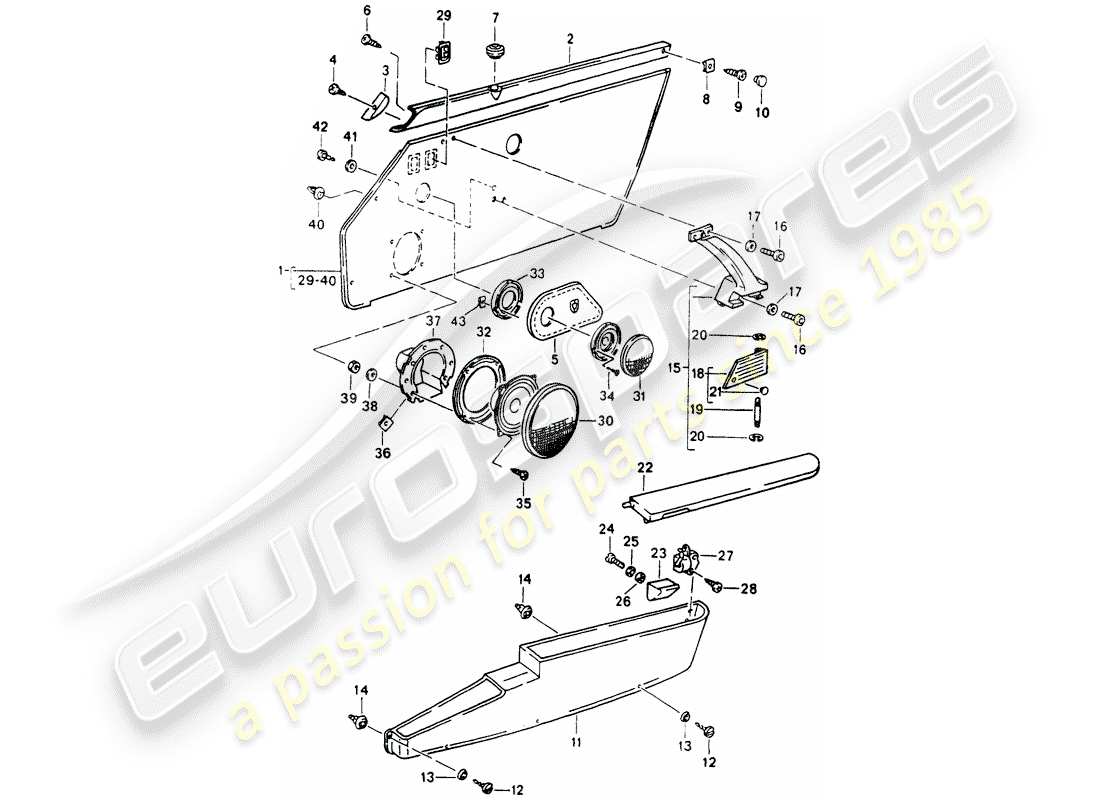 porsche 1990 (964) equipamiento interior - puertas diagrama de piezas