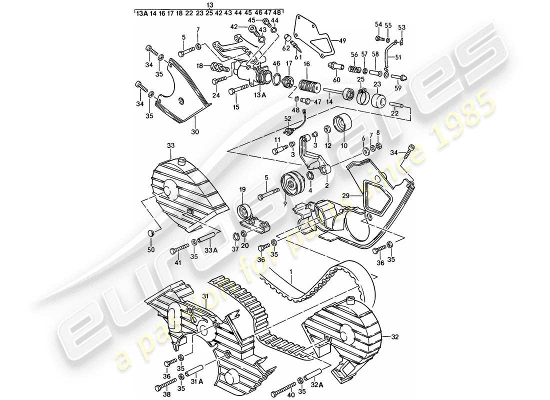 porsche 1985 (928) mecanismo de impulsión - árbol de levas diagrama de piezas