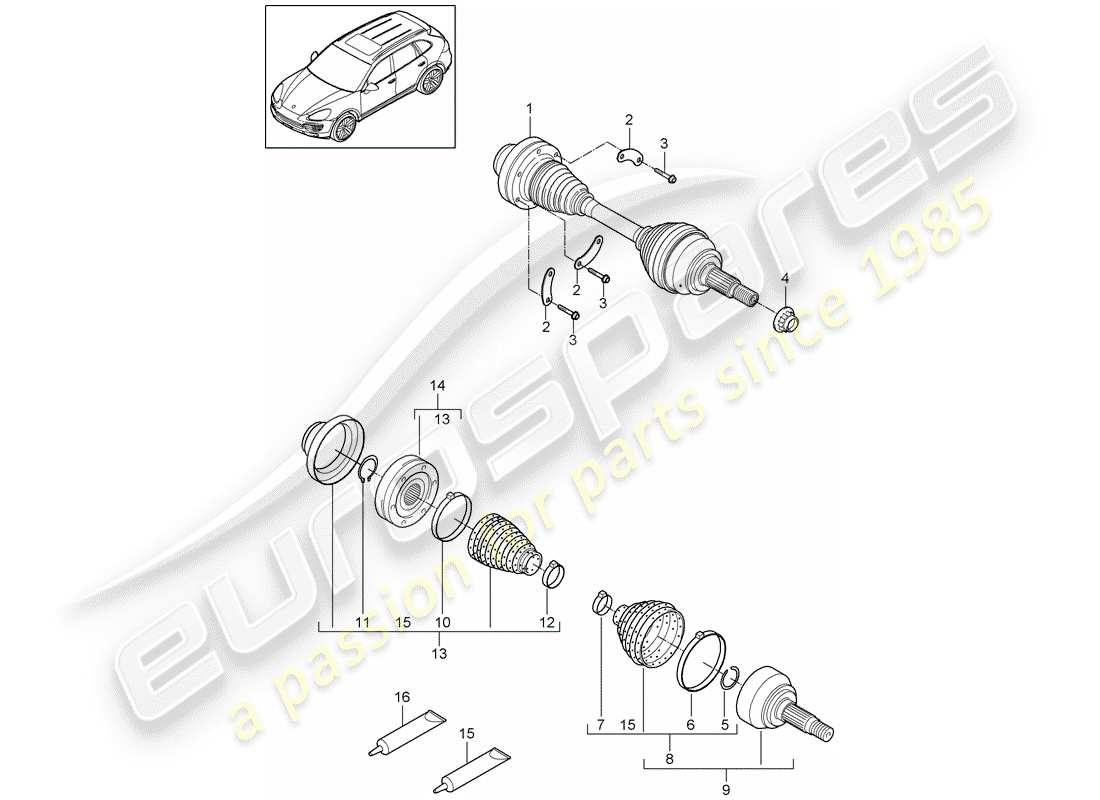 porsche 2014 (cayenne e2 92a) eje de accionamiento diagrama de piezas