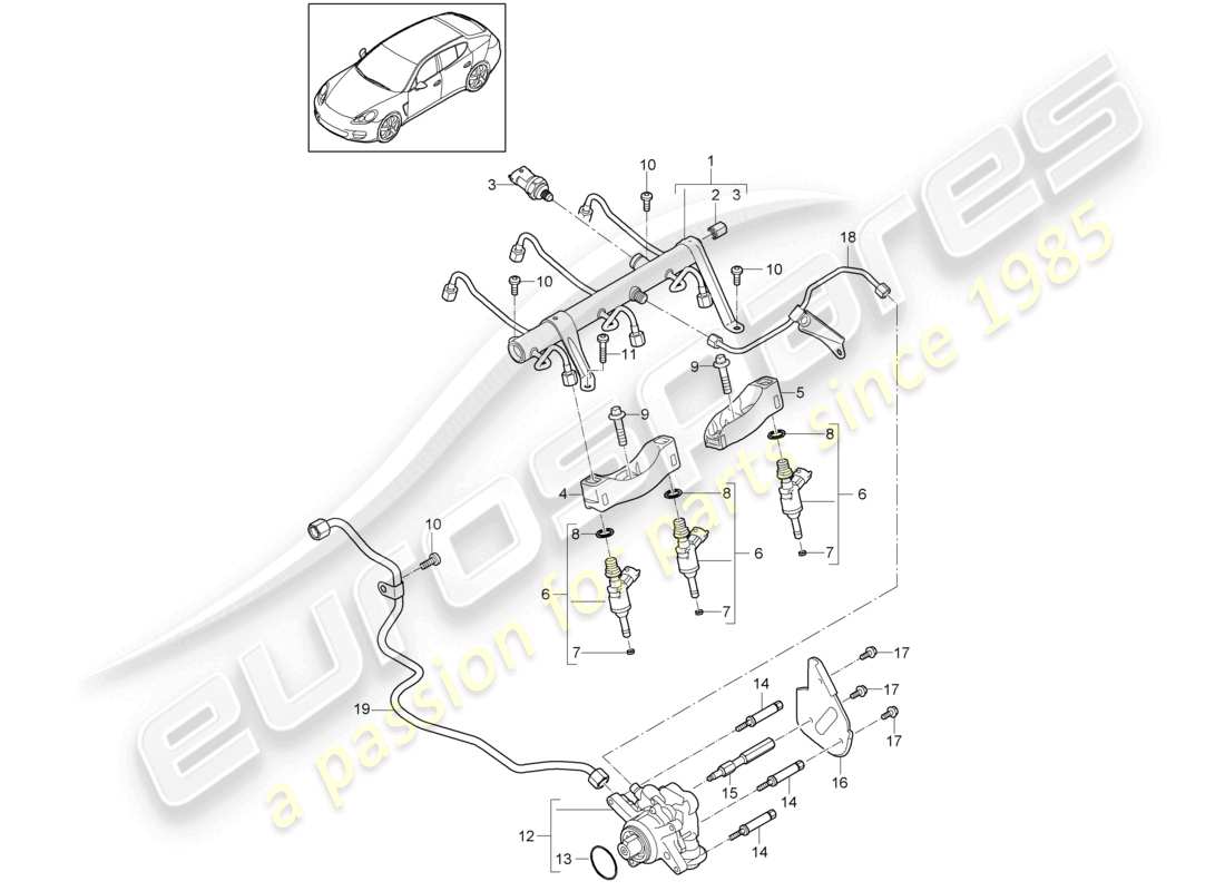 porsche 2012 (panamera 970) diagrama de piezas de la bomba de alta presión del inyector de alta presión del tubo de recolección de combustible