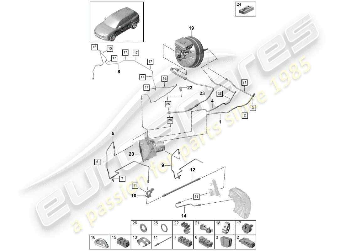 porsche 2020 (cayenne e3 9ya/9yb) diagrama de piezas de la línea de freno