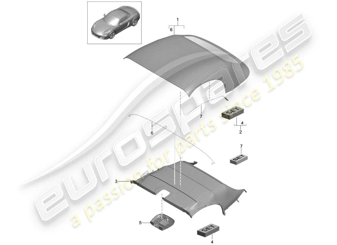 porsche 2012 (981 boxster) cubierta de capota convertible diagrama de piezas