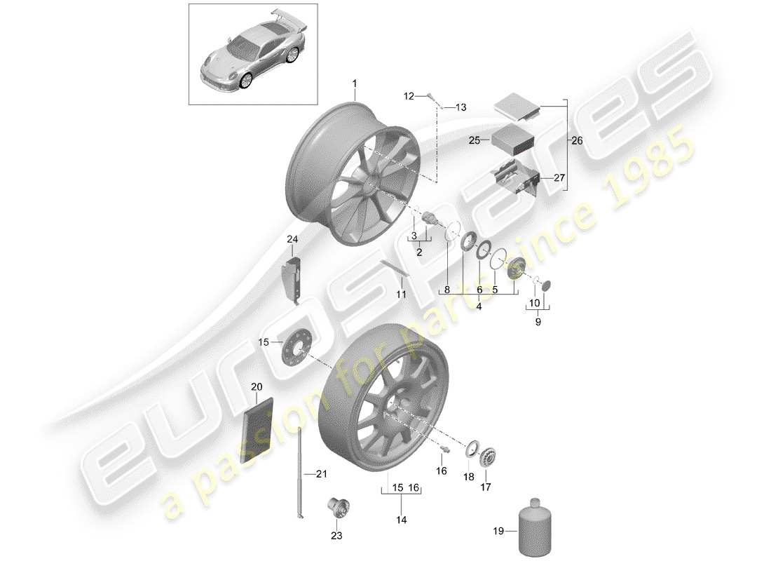 porsche 991 t/gt2rs diagrama de piezas de la rueda de aleación