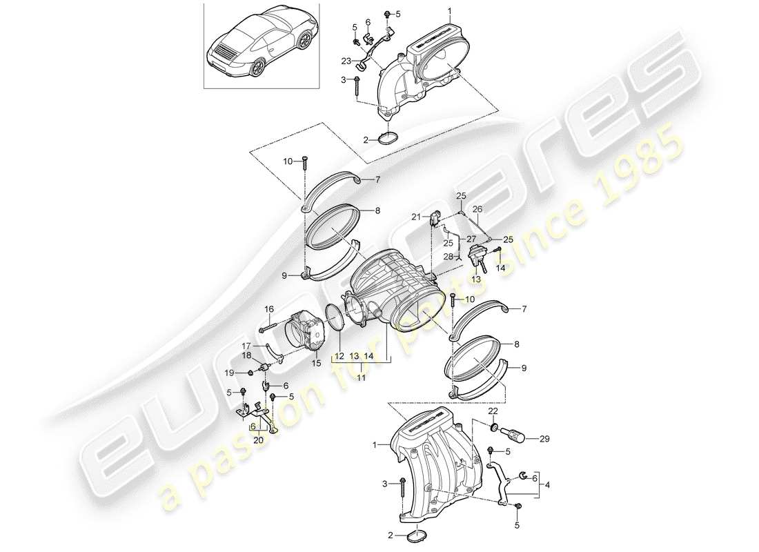 porsche 2011 (997-2) distribuidor de aire de admisión diagrama de piezas