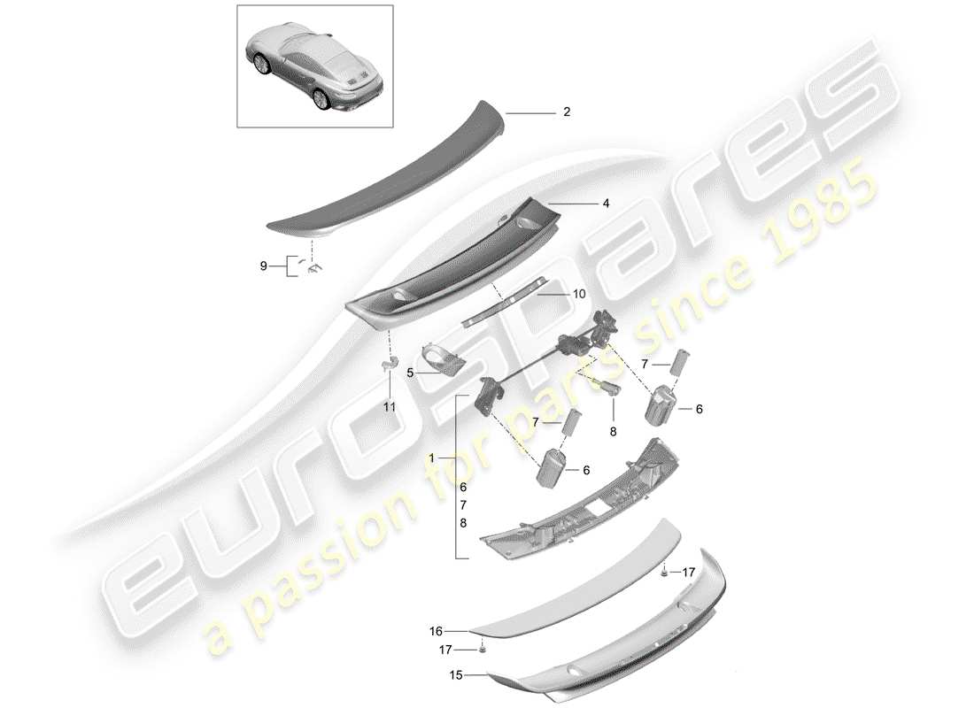 porsche 2016 (991-1 turbo) alerón trasero diagrama de piezas