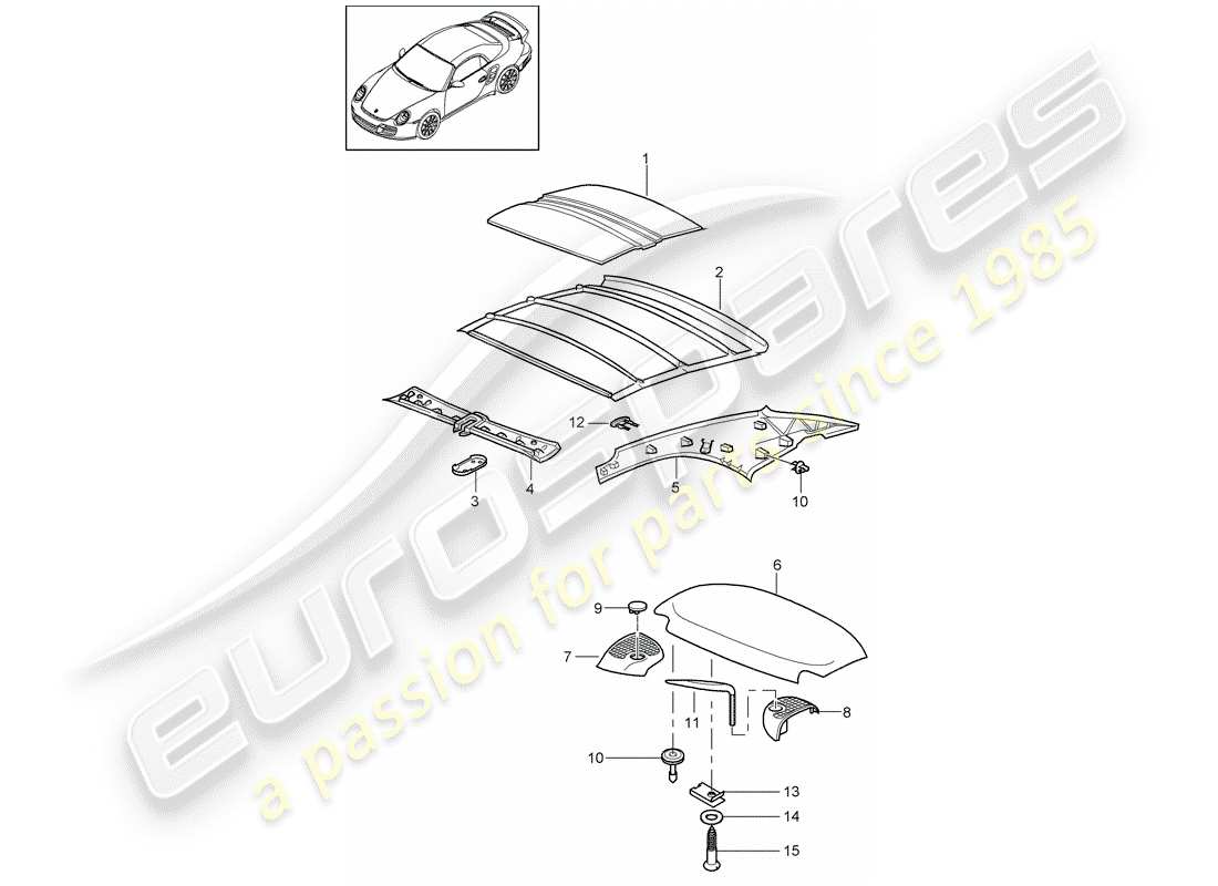 porsche 2013 (997-2 turbo / gt2 rs) diagrama de piezas del techo duro