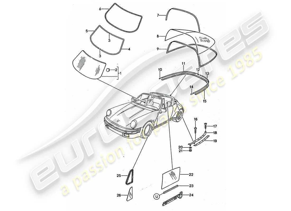 porsche 1989 (911) acristalamiento de ventanas diagrama de piezas