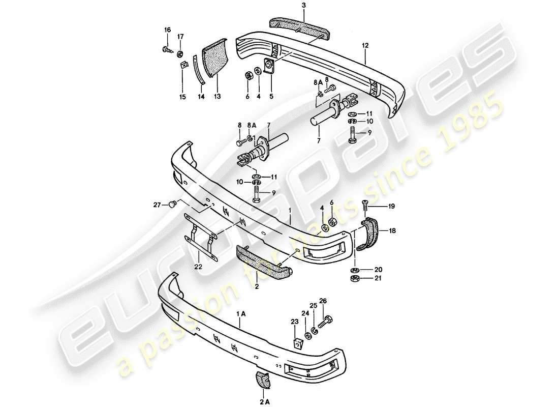 porsche 1984 (924) parachoques - con: - diagrama de piezas del buffer