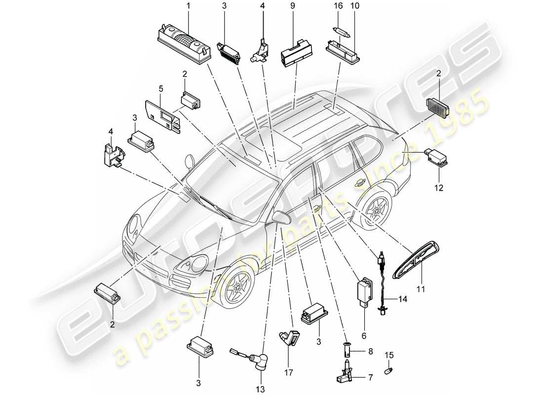 porsche 2003 (cayenne e1 9pa) iluminación interior diagrama de piezas