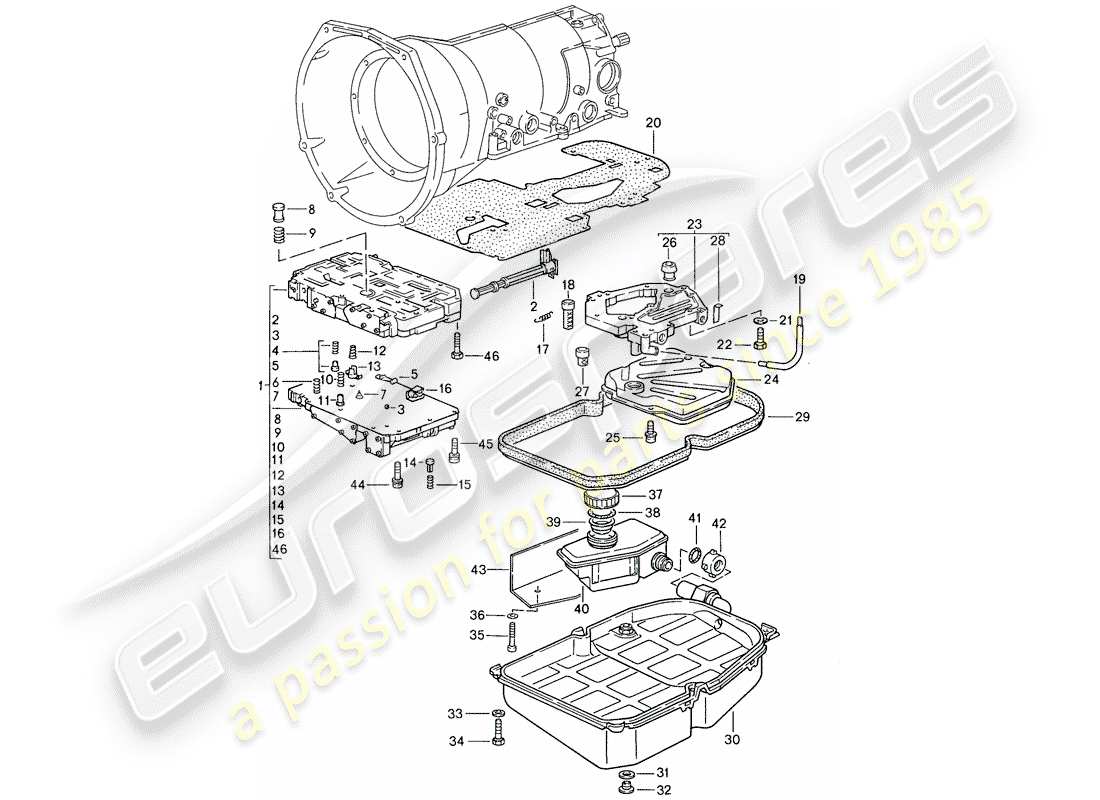 porsche 1990 (928) transmisión automática - cuerpo de la válvula de cambio diagrama de piezas