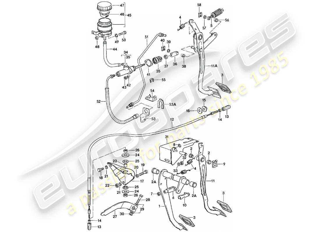 porsche 1984 (924) pedales de freno y embrague - cluster diagrama de piezas