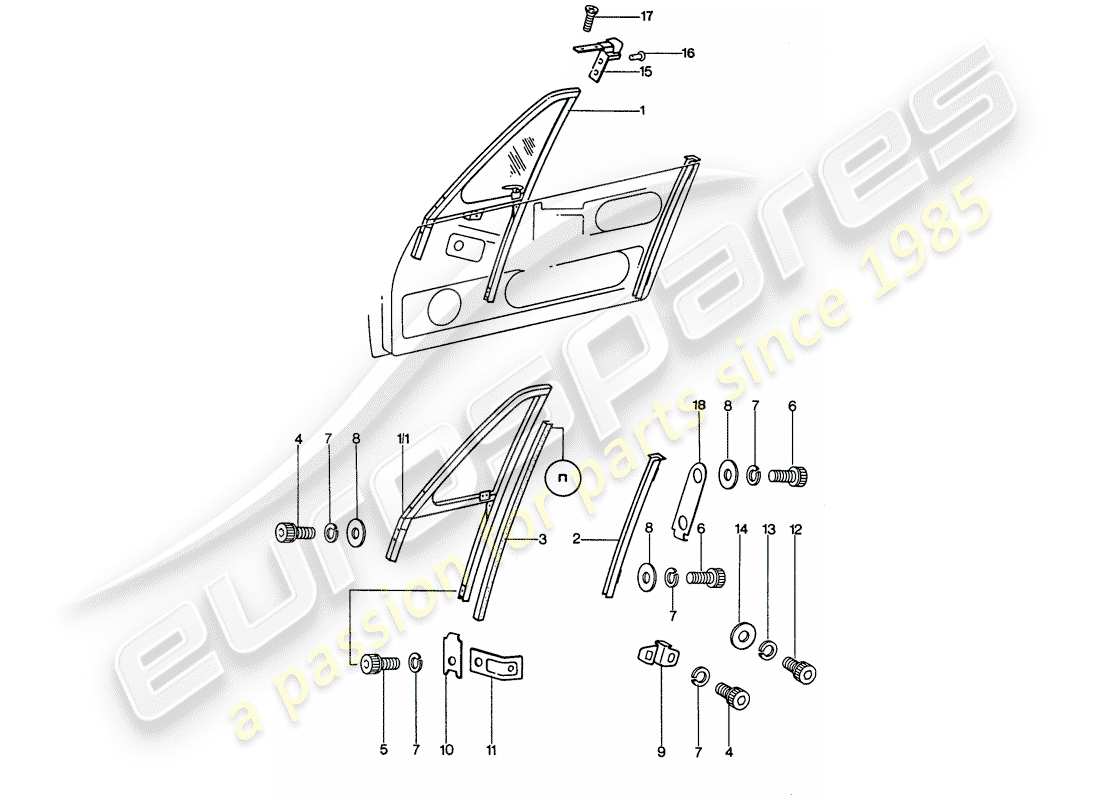 porsche 1977 (911) marco de la ventana diagrama de piezas