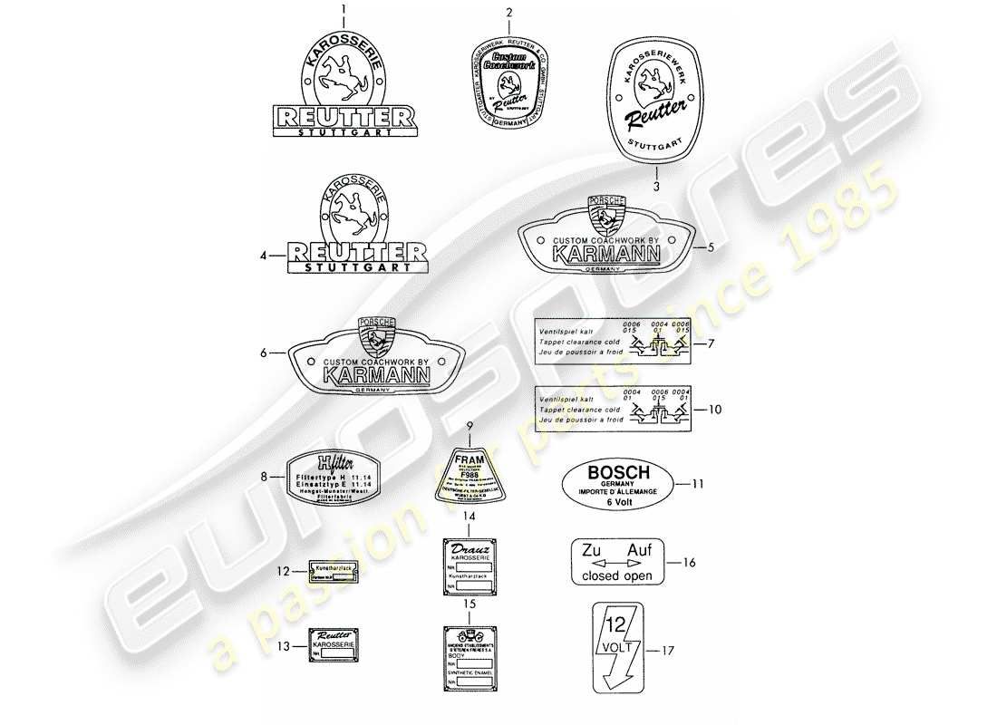 porsche 1958 (356/356a) emblema - pegatina diagrama de piezas