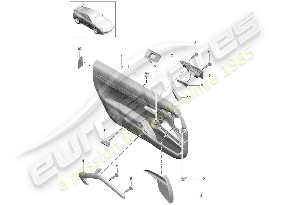 porsche 2017 (991-2 r/gt3/rs) diagrama de piezas del panel de puerta