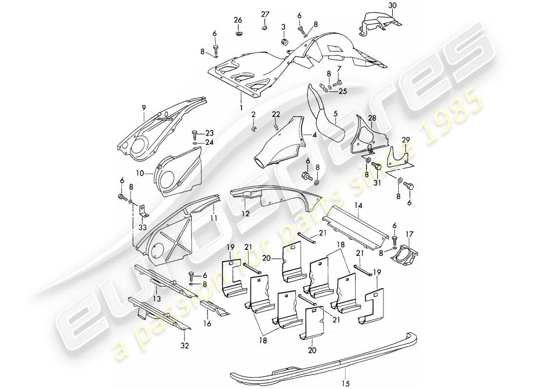 porsche 1972 (911) conducto de aire y cubierta del motor diagrama de piezas