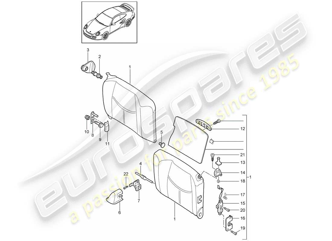 porsche 2013 (997-2 turbo / gt2 rs) respaldo del asiento de emergencia diagrama de piezas