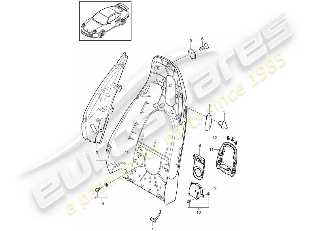 porsche 2013 (997-2 turbo / gt2 rs) diagrama de piezas de la carcasa del respaldo