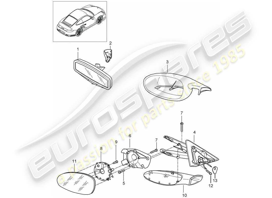 porsche 2007 (997-1 turbo / gt2) espejo retrovisor interior diagrama de piezas