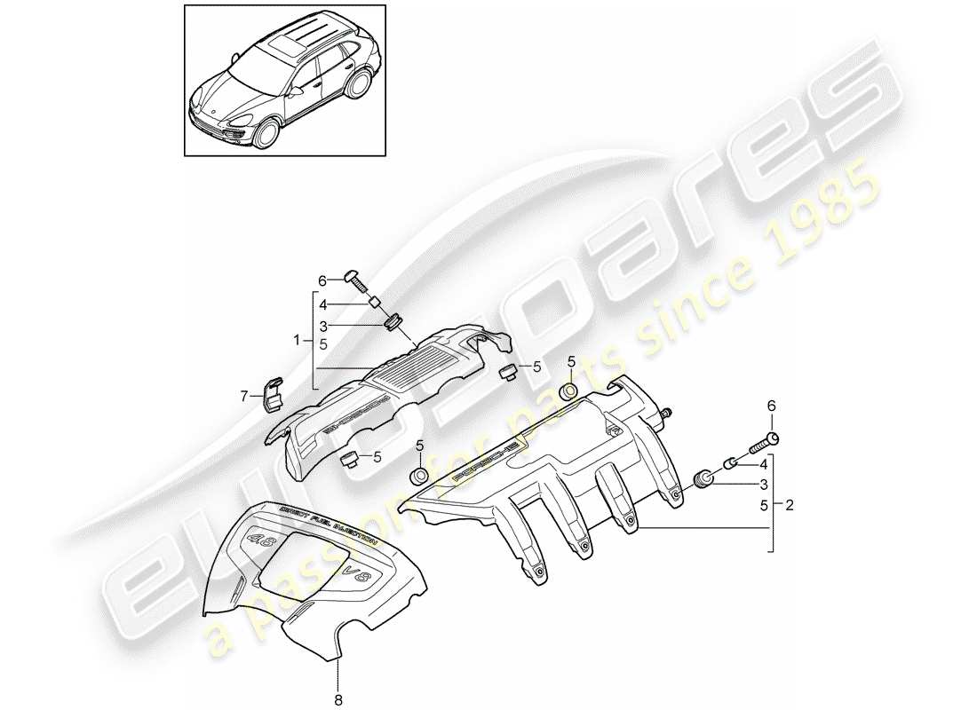 porsche 2017 (cayenne e2 92a) diagrama de piezas de la cubierta del motor
