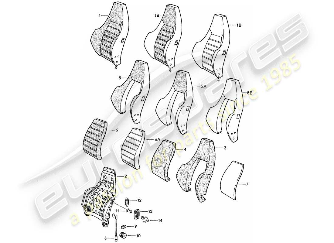porsche 1986 (924s) asiento deportivo - respaldo - piezas individuales diagrama de piezas