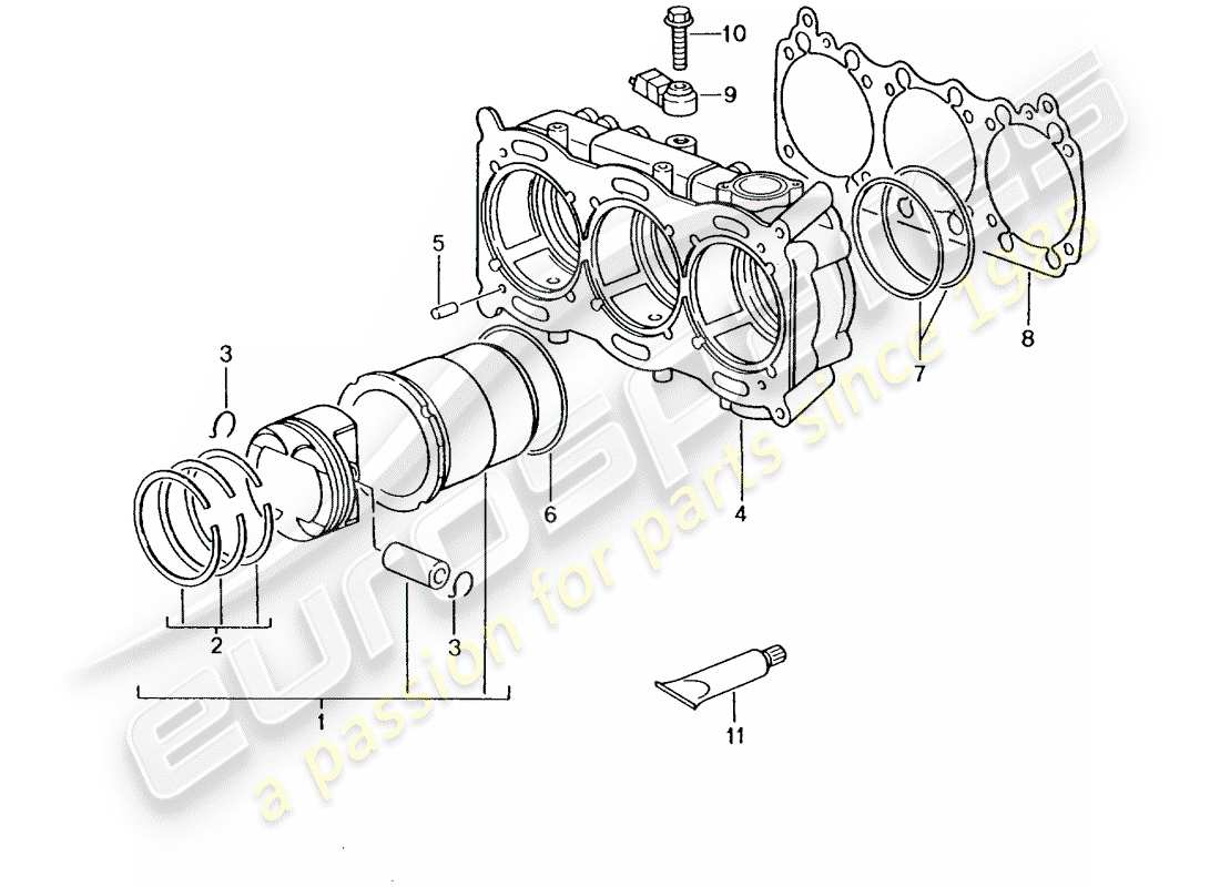 porsche 2001 (996 gt3) cilindro con pistones diagrama de piezas