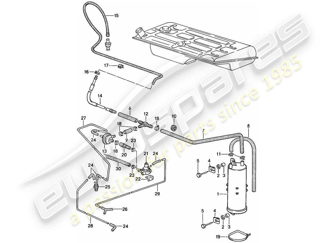 porsche 1982 (944) recipiente de emisiones evaporativas - ventilación del tanque - (aus)(j) diagrama de piezas
