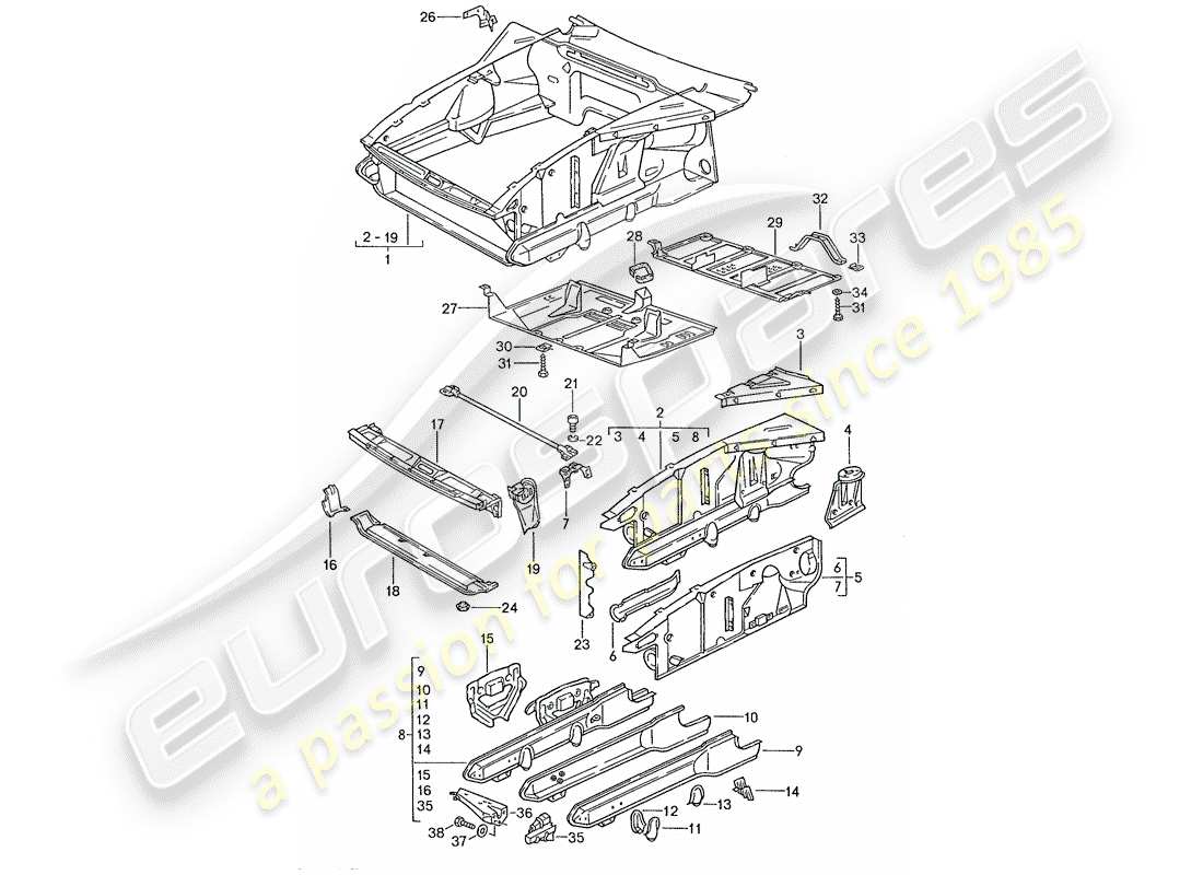 porsche 1990 (928) diagrama de piezas del extremo delantero