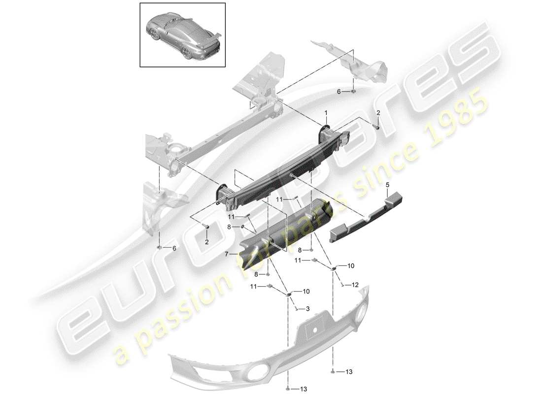 porsche 991 turbo (2016) diagrama de piezas del soporte de parachoques